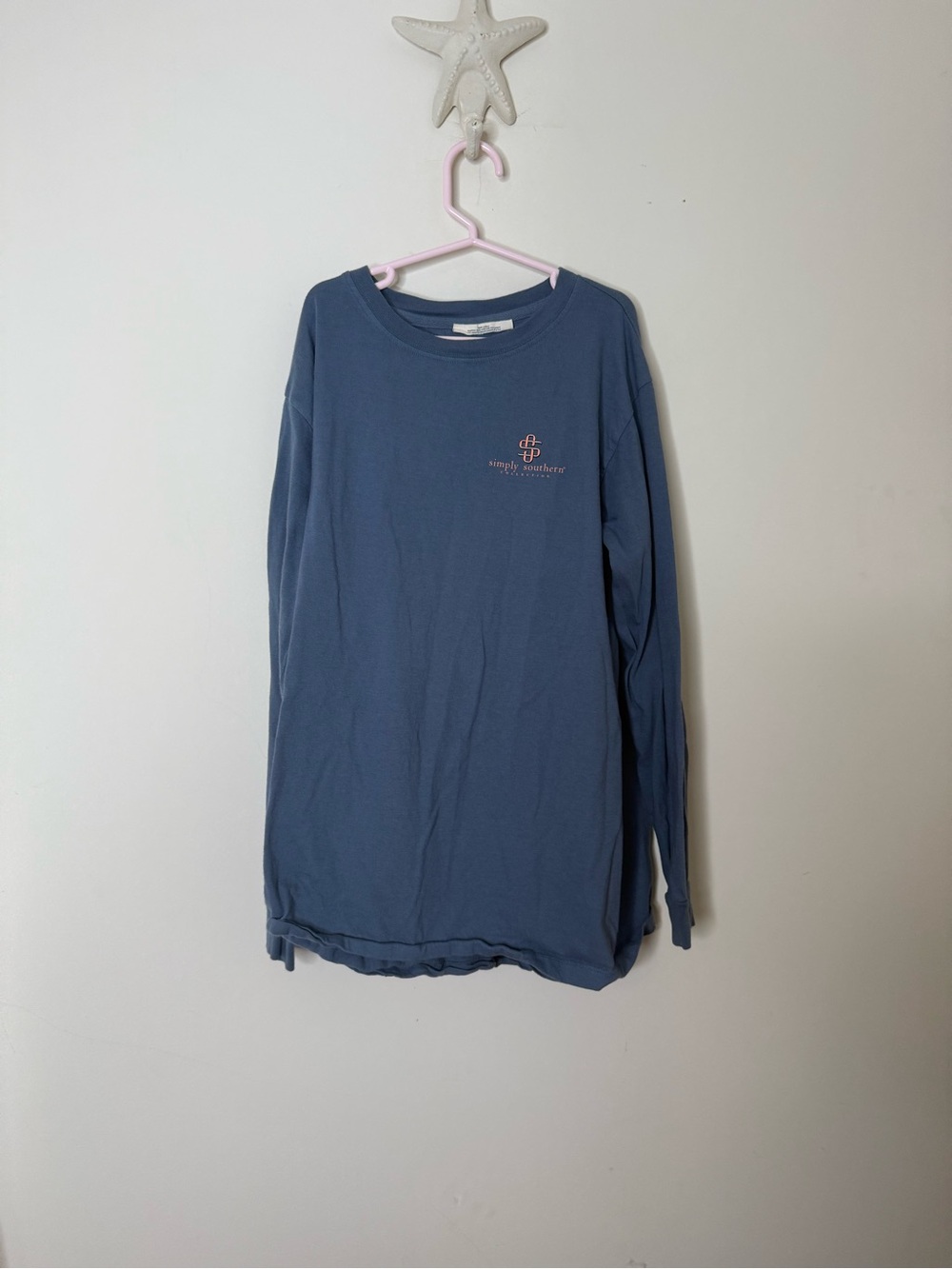 Simply Southern Long Sleeve Tee in Slate Blue with Pink Logo